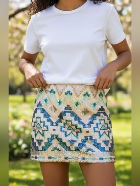 Express Sequins Aztec Mini Skirt Tam Multi Boho Print Lined Size XS